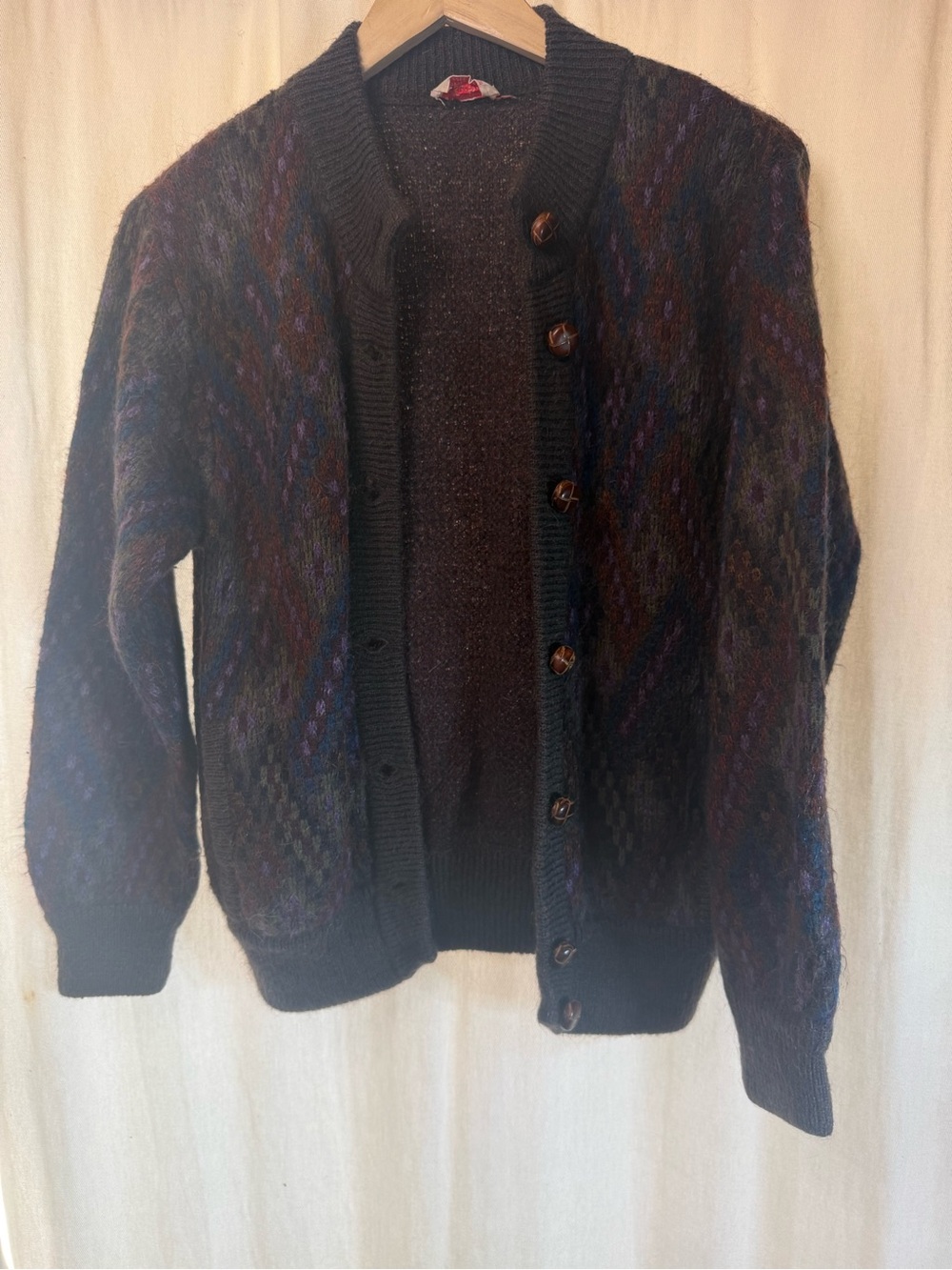 Vintage Wool Multicolor Patterned Button-Front Cardigan Sweater